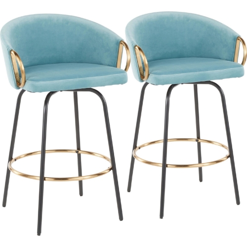 Claire Counter Stool in Black Metal, Gold & Light Blue Velvet (Set of 2)